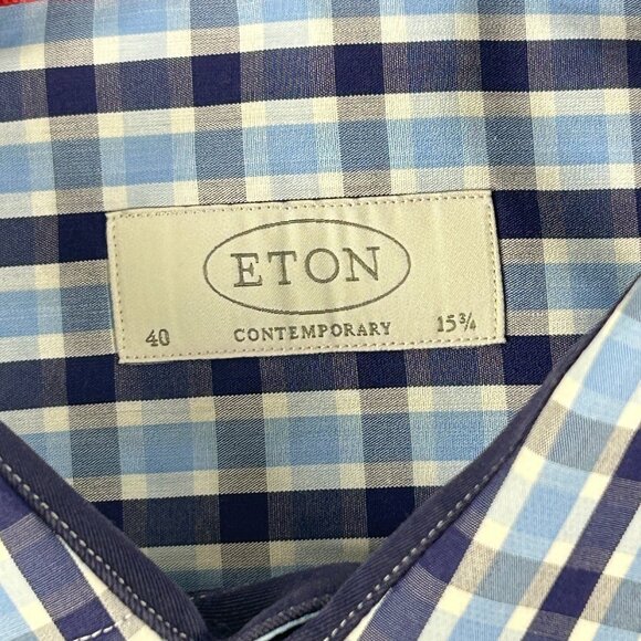 Eton Dress Shirt Mens EU 40 US 15 3/4 Contemporary Fit Blue Plaid Contrast Trim - Picture 13 of 15